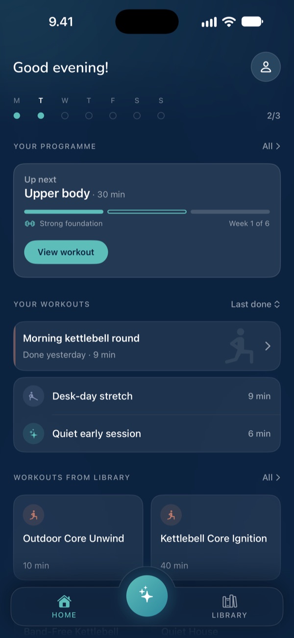 Yafa home screen with the weekly goal, the next workout in your programme and your saved workouts